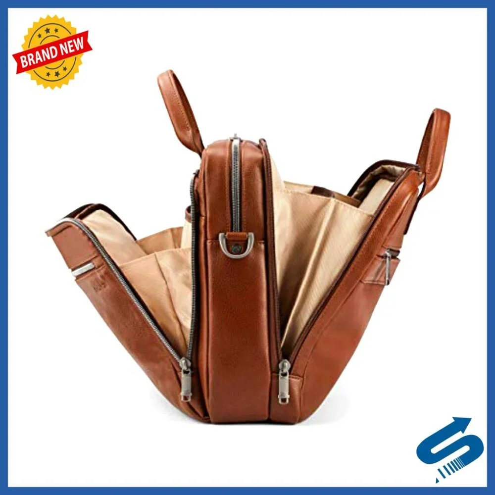Leather Toploader Briefcase with Laptop Sleeve, Professional Business Bag
